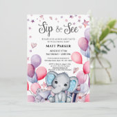 Baby Boy Elephant Festive Blue Balloon SIP UND SEH Einladung (Stehend Vorderseite)
