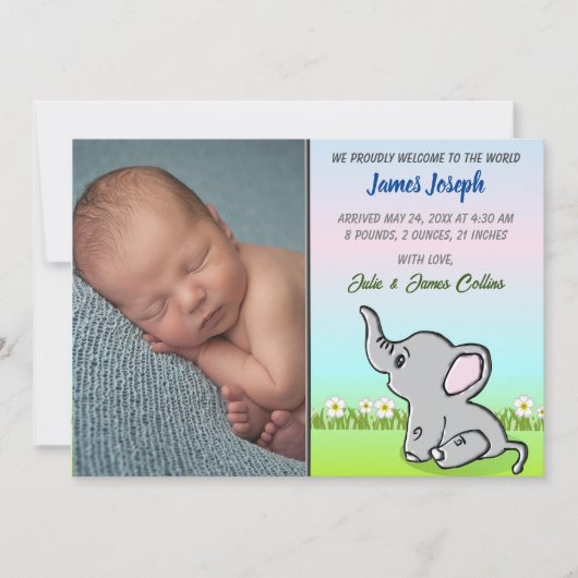 Baby Boy Elephant Flat Announcement Card Ankündigung (Vorderseite)