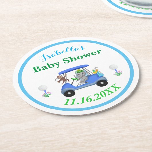 Baby Boy Elephant & Monkey Golf Baby Dusche Rückke Runder Pappuntersetzer (Angewinkelt)