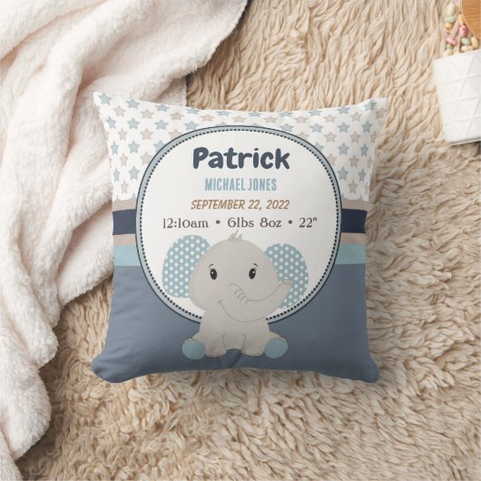 Baby Boy Elephant Personalisierter Name Geburtssta Kissen (Decke)