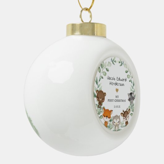 Baby Boy Erste Weihnachtswald Grüntiere Keramik Kugel-Ornament (Links)