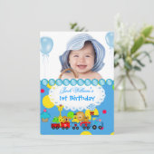 Baby Boy Erster Geburtstag 1. Zug Blau Einladung (Stehend Vorderseite)