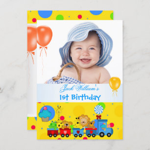 Baby Boy Erster Geburtstag 1. Zug Blau Gelb Einladung