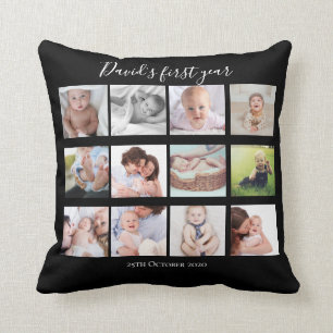 Baby Boy erstes Jahr Foto Collage Geschenk Schwarz Kissen
