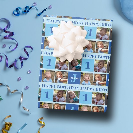 Baby Boy Erstgeburt Niedliches Foto Collage Blue Geschenkpapier Set