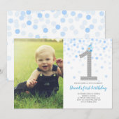 Baby Boy First Birthday Blue Confetti Foto Einladung (Vorne/Hinten)
