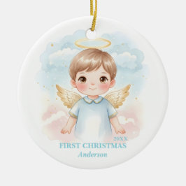 Baby Boy First Christmas Blue Angel Photo Keramik Ornament