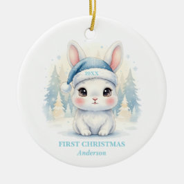 Baby Boy First Christmas Blue Bunny Photo Keramik Ornament
