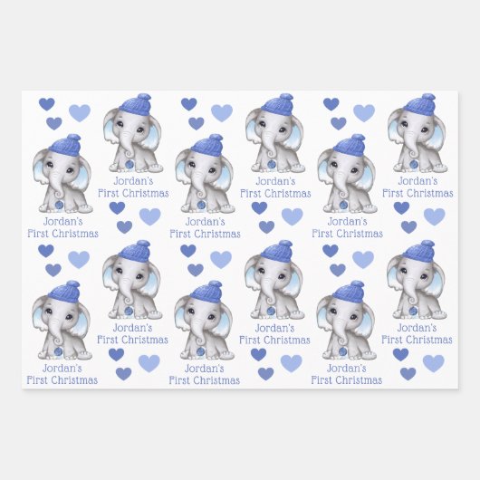 Baby Boy First Christmas Blue Elephant Personalize Geschenkpapier Set
