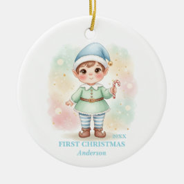 Baby Boy First Christmas Blue Elf Photo Keramik Ornament