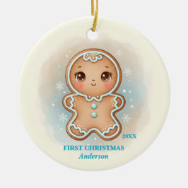 Baby Boy First Christmas Blue Gingerbread Photo Keramik Ornament