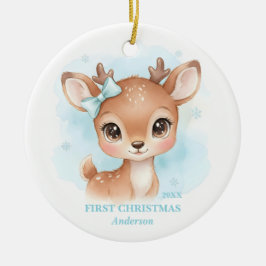 Baby Boy First Christmas Blue Reindeer Photo Keramik Ornament