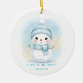 Baby Boy First Christmas Blue Snowman Photo Keramik Ornament