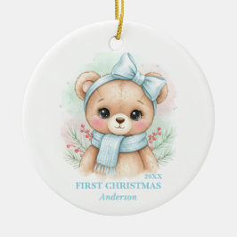 Baby Boy First Christmas Blue Teddy Bear Photo Keramik Ornament