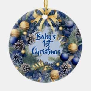 Baby Boy First Christmas Blue Watercolor Wreath Keramik Ornament