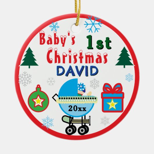 Baby Boy First Christmas Blue White Carriage NAME Keramik Ornament (Vorne)