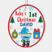 Baby Boy First Christmas Blue White Carriage NAME Keramik Ornament (Links)
