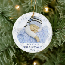 Baby Boy First Christmas Foto Blue Snowflake Name