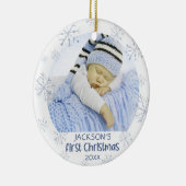 Baby Boy First Christmas Foto Blue Snowflake Name Keramik Ornament (Rechts)