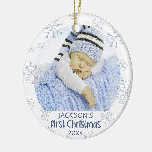 Baby Boy First Christmas Foto Blue Snowflake Name Keramik Ornament (Links)