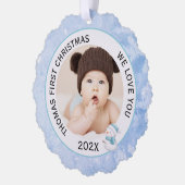 Baby Boy First Christmas Foto Icy Blue Ornament Karte (Links)