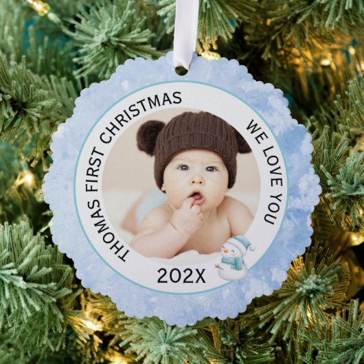 Baby Boy First Christmas Foto Icy Blue Ornament Karte (Insitu (Baum))