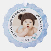 Baby Boy First Christmas Foto Icy Blue Ornament Karte (Vorderseite)