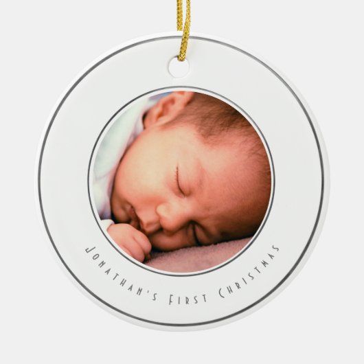 Baby Boy First Christmas Foto | Silberschneeflocke Keramik Ornament (Vorne)