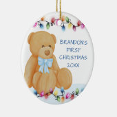 Baby Boy First Christmas Lights Teddy Bear Foto Keramik Ornament (Rechts)