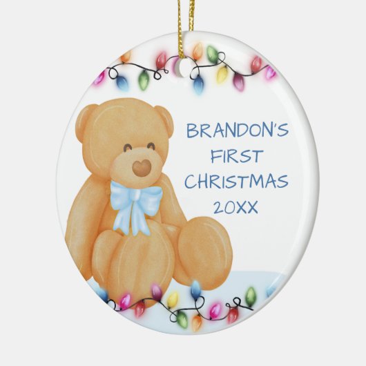 Baby Boy First Christmas Lights Teddy Bear Foto Keramik Ornament (Links)