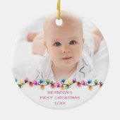 Baby Boy First Christmas Lights Teddy Bear Foto Keramik Ornament (Hinten)
