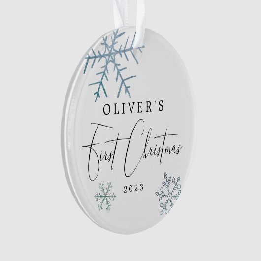 Baby Boy First Christmas Modernes Script Foto Ornament (Vorderseite)