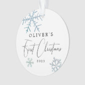 Baby Boy First Christmas Modernes Script Foto Ornament (Vorderseite)