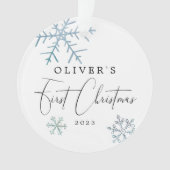 Baby Boy First Christmas Modernes Script Foto Ornament (Vorderseite)