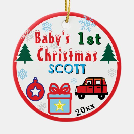 Baby Boy First Christmas Red Car NAME Keramik Ornament (Vorne)