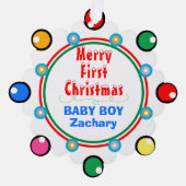 Baby Boy First Christmas Red Green Blue Ornament Karte (Vorderseite)