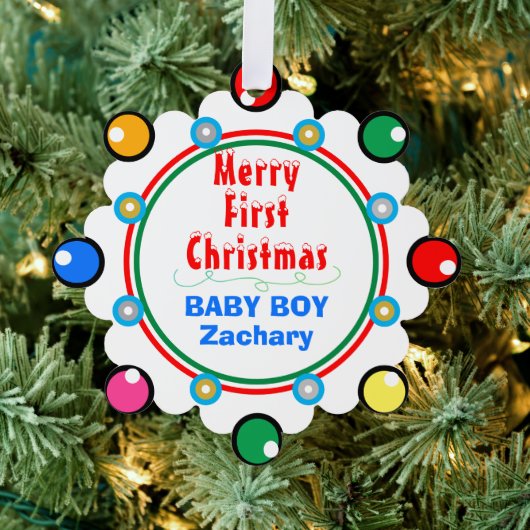Baby Boy First Christmas Red Green Blue Ornament Karte (Insitu (Baum))