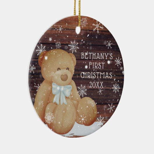 Baby Boy First Christmas Teddy Bear Wood Schnee Keramik Ornament (Rechts)
