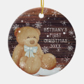 Baby Boy First Christmas Teddy Bear Wood Schnee Keramik Ornament (Vorne)