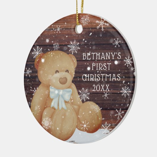 Baby Boy First Christmas Teddy Bear Wood Schnee Keramik Ornament (Links)