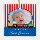 Baby Boy First Christmas Train Foto Keramik Ornam Keramikornament (Vorderseite)