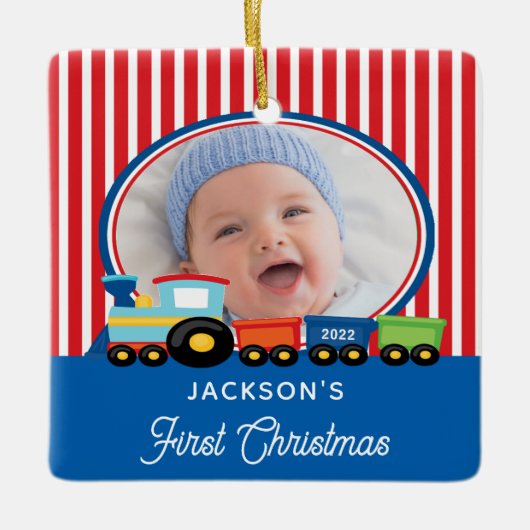 Baby Boy First Christmas Train Foto Keramik Ornam Keramikornament (Vorderseite)
