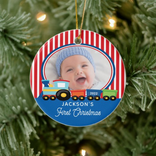 Baby Boy First Christmas Train Foto Keramik Ornament (Baum)