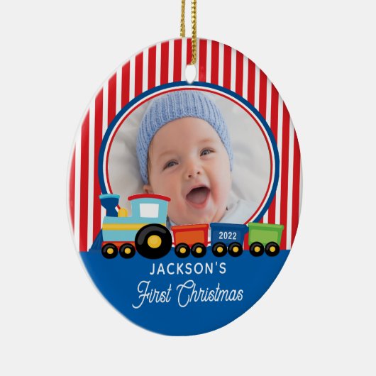 Baby Boy First Christmas Train Foto Keramik Ornament (Rechts)