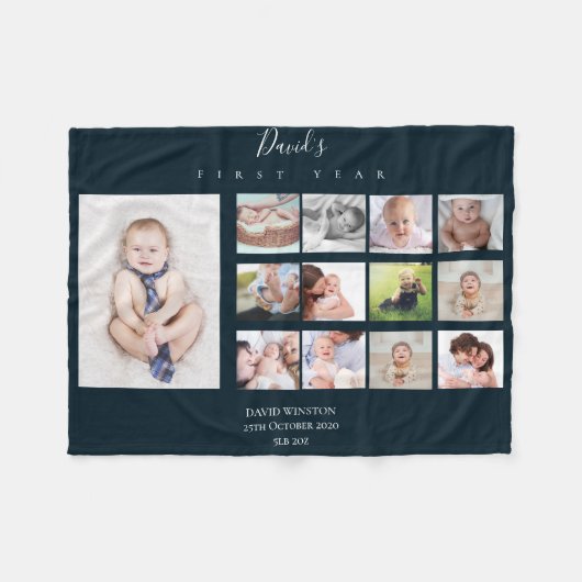Baby Boy First Year Foto Collage Keepake Navy Fleecedecke (Vorderseite (Horizontal))
