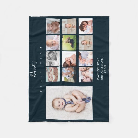 Baby Boy First Year Foto Collage Keepake Navy Fleecedecke (Vorderseite)