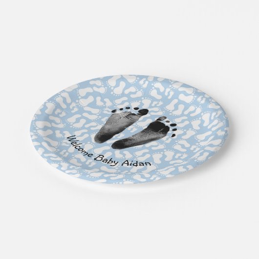 Baby Boy Footprint auf Blue Pappteller (Schrägansicht)