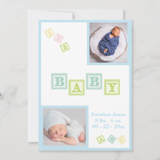 Baby Boy Foto ABC Blocks Blue Newborn Birth Ankündigung (Vorderseite)