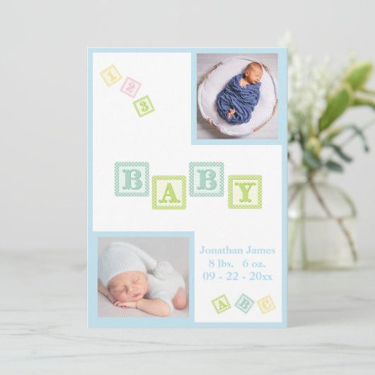 Baby Boy Foto ABC Blocks Blue Newborn Birth Ankündigung (Stehend Vorderseite)