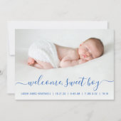 Baby Boy Foto Blue Script Hearts Birth Ankündigung (Vorderseite)